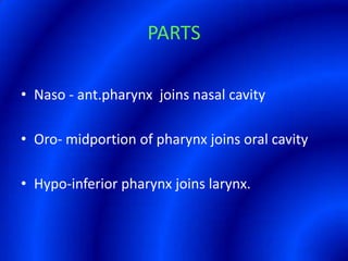 PARTSNaso - ant.pharynx  joins nasal cavityOro- midportion of pharynx joins oral cavityHypo-inferior pharynx joins larynx.