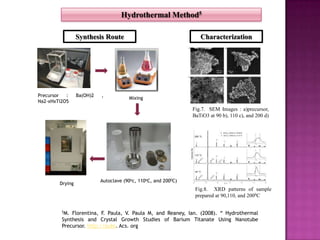 Hydrothermal Method5

                 Synthesis Route                                   Characterization




Precursor  :     Ba(OH)2   ,
                                       Mixing
Na2-xHxTi2O5
                                                                Fig.7. SEM Images : a)precursor,
                                                                BaTiO3 at 90 b), 110 c), and 200 d)




                           Autoclave (90oc, 110oC, and 2000C)
        Drying
                                                                 Fig.8. XRD patterns of sample
                                                                 prepared at 90,110, and 2000C


         5M. Florentina, F. Paula, V. Paula M, and Reaney, Ian. (2008). “ Hydrothermal
         Synthesis and Crystal Growth Studies of Barium Titanate Using Nanotube
         Precursor. http://pubs. Acs. org
 
