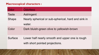 Odor Odorless
Taste Astringent
Shape Nearly spherical or sub-spherical, hard and sink in
water.
Color Dark bluish-green olive to yellowish-brown
Surface Lower half nearly smooth and upper one is rough
with short pointed projections.
Macroscopical characters :
 