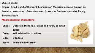Quassia Wood
Origin: Dried wood of the trunk branches of Picrasma excelsa (known as
Jamaica quassia) or Quassia amara (known as Surinam quassia). Family
Simarubaceae.
 