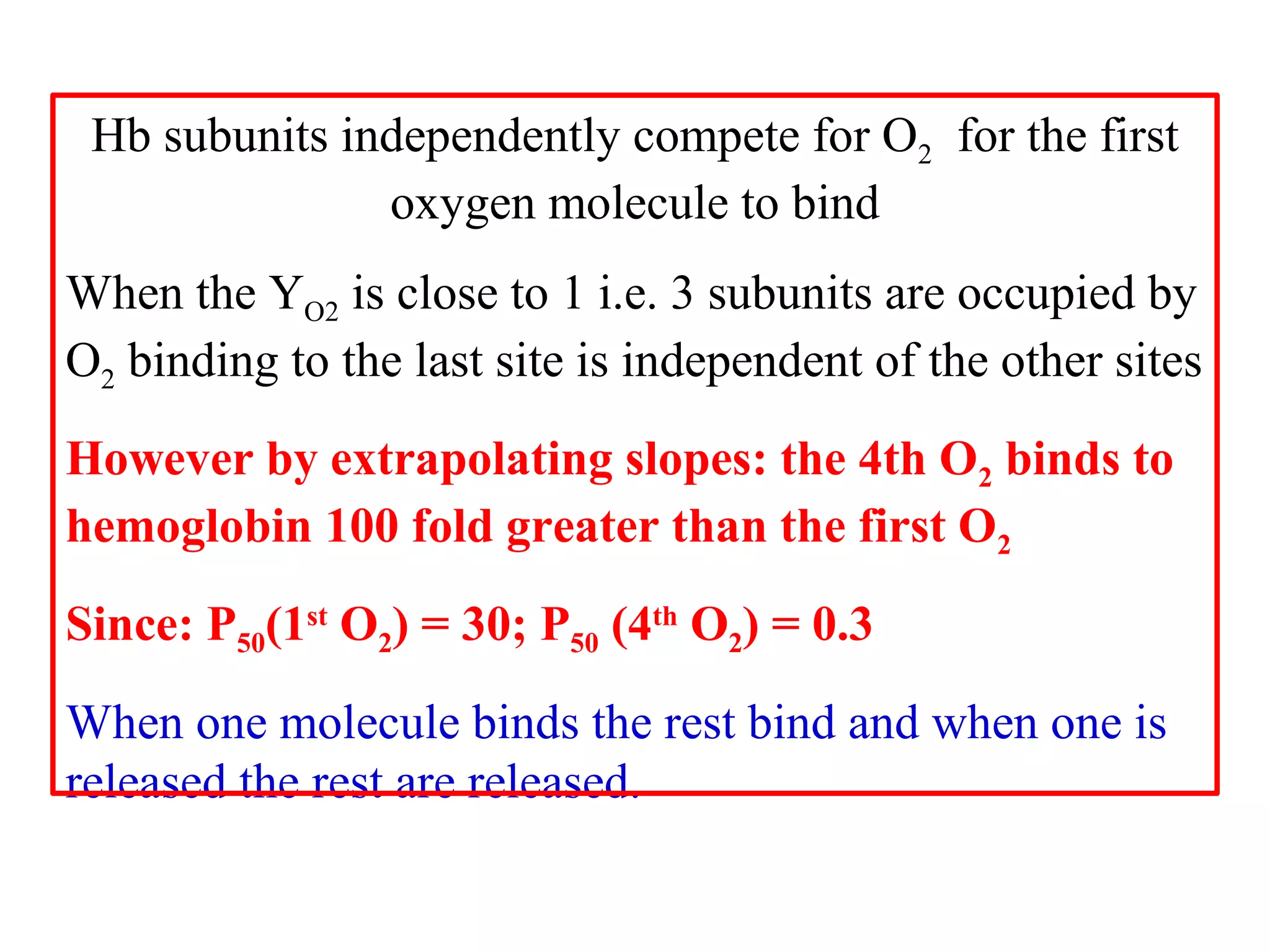 Hb subunits independently compete for O2 for the first
oxygen molecule to bind
When the YO2 is close to 1 i.e. 3 subunits are occupied by
O2 binding to the last site is independent of the other sites
However by extrapolating slopes: the 4th O2 binds to
hemoglobin 100 fold greater than the first O2
Since: P50(1st O2) = 30; P50 (4th O2) = 0.3
When one molecule binds the rest bind and when one is
released the rest are released.

 