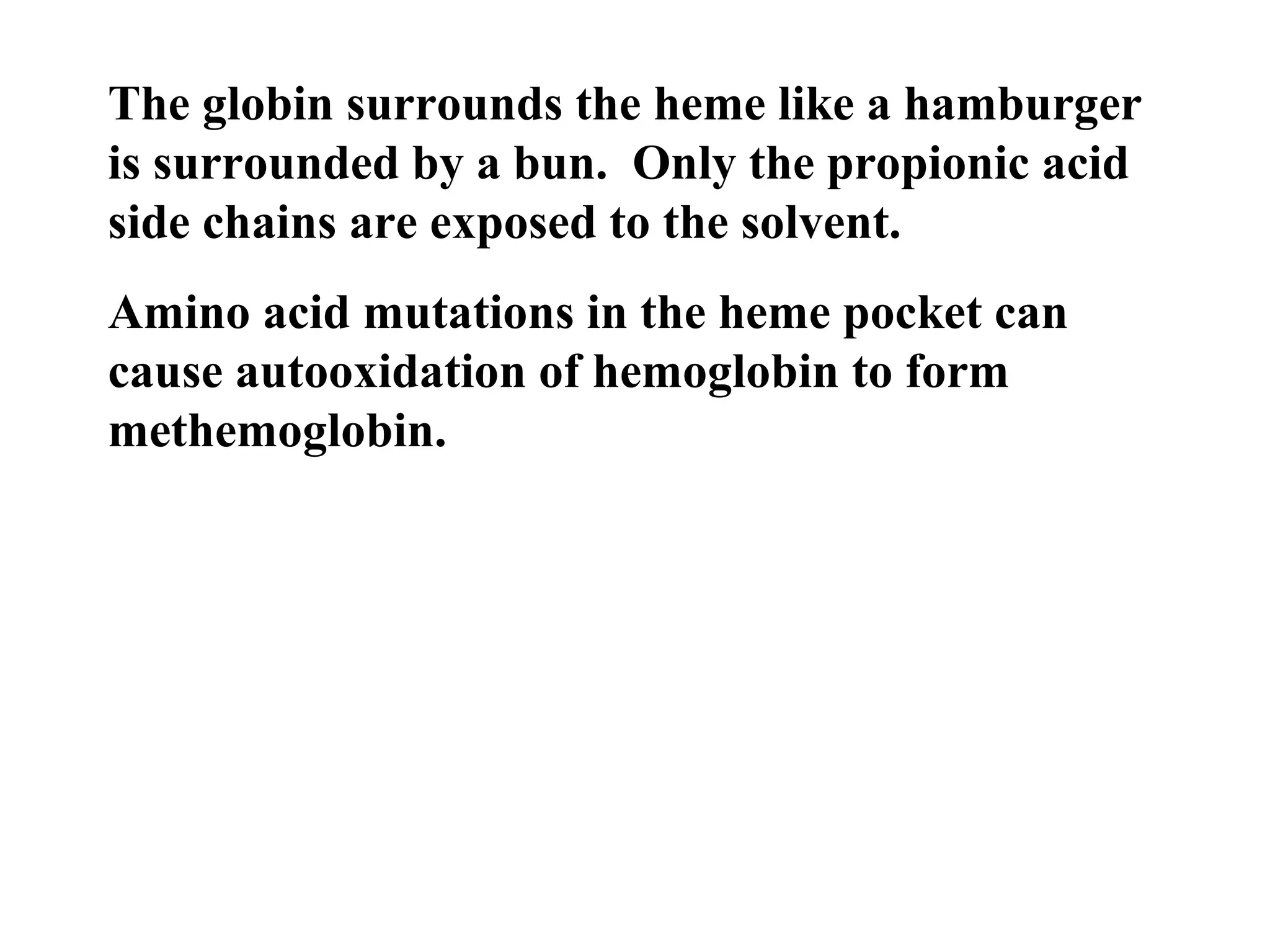 The globin surrounds the heme like a hamburger
is surrounded by a bun. Only the propionic acid
side chains are exposed to the solvent.
Amino acid mutations in the heme pocket can
cause autooxidation of hemoglobin to form
methemoglobin.

 