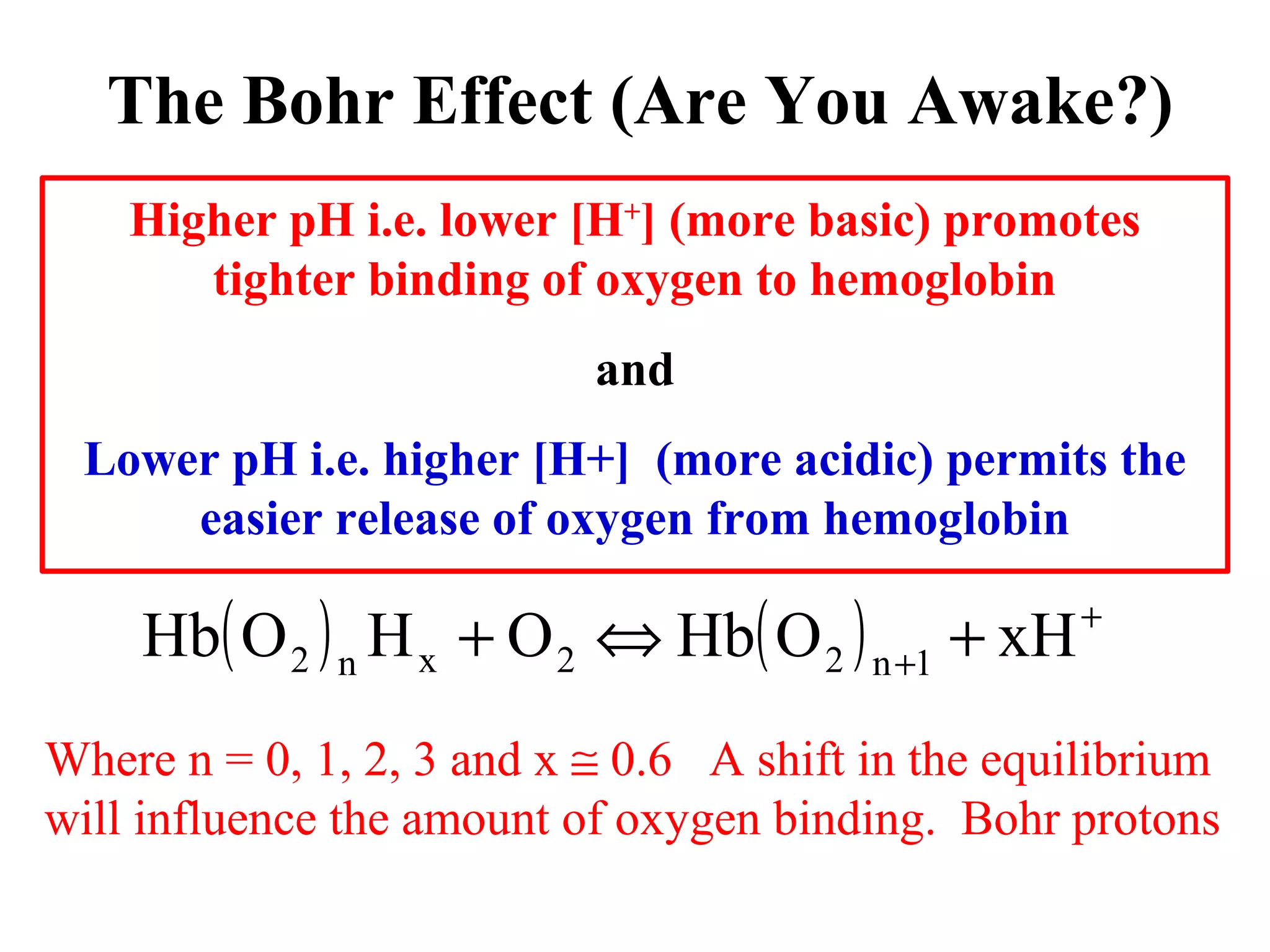 The Bohr Effect (Are You Awake?)
Higher pH i.e. lower [H+] (more basic) promotes
tighter binding of oxygen to hemoglobin
and
Lower pH i.e. higher [H+] (more acidic) permits the
easier release of oxygen from hemoglobin

Hb( O 2 ) n H x + O 2 ⇔ Hb( O 2 ) n +1 + xH

+

Where n = 0, 1, 2, 3 and x ≅ 0.6 A shift in the equilibrium
will influence the amount of oxygen binding. Bohr protons

 