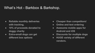What’s Hot - Barkbox & Barkshop.
● Reliable monthly deliveries
with tracking.
● 10% of proceeds donated to
doggy charity
● Extra-small dogs can get
different box options
● Cheaper than competitors!
● Online and text ordering
● Awesome mobile apps for
Android and iOS
● Discounts for multiple dogs
● HUGE variety of different
vendors.
 