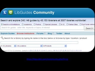 http://libguides.com/community.php?m=g
            Newest 100 guides
 