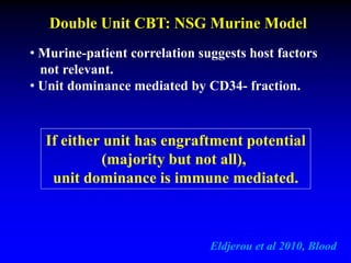 Double Unit CBT: NSG Murine Model
Eldjerou et al 2010, Blood
• Murine-patient correlation suggests host factors
not relevant.
• Unit dominance mediated by CD34- fraction.
If either unit has engraftment potential
(majority but not all),
unit dominance is immune mediated.
 
