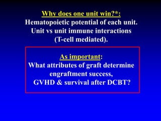 Why does one unit win?*:
Hematopoietic potential of each unit.
Unit vs unit immune interactions
(T-cell mediated).
As important:
What attributes of graft determine
engraftment success,
GVHD & survival after DCBT?
 