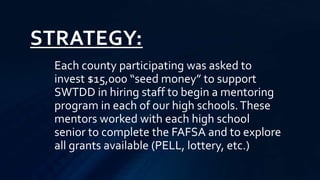 STRATEGY:
Each county participating was asked to
invest $15,000 “seed money” to support
SWTDD in hiring staff to begin a mentoring
program in each of our high schools.These
mentors worked with each high school
senior to complete the FAFSA and to explore
all grants available (PELL, lottery, etc.)
 