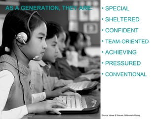 AS A GENERATION, THEY ARE: SPECIAL SHELTERED CONFIDENT TEAM-ORIENTED ACHIEVING PRESSURED CONVENTIONAL Source: Howe & Strauss,  Millennials Rising 