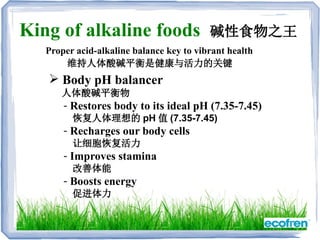King of alkaline foods 碱性食物之王
 Body pH balancer
人体酸碱平衡物
- Restores body to its ideal pH (7.35-7.45)
恢复人体理想的 pH 值 (7.35-7.45)
- Recharges our body cells
让细胞恢复活力
- Improves stamina
改善体能
- Boosts energy
促进体力
Proper acid-alkaline balance key to vibrant health
维持人体酸碱平衡是健康与活力的关键
 