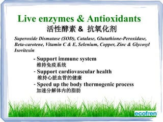 Live enzymes & Antioxidants
Superoxide Dismutase (SOD), Catalase, Glutathione-Peroxidase,
Beta-carotene, Vitamin C & E, Selenium, Copper, Zinc & Glycosyl
Isovitexin
- Support immune system
维持免疫系统
- Support cardiovascular health
维持心脏血管的健康
- Speed up the body thermogenic process
加速分解体内的脂肪
活性酵素 & 抗氧化剂
 