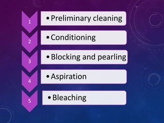 1 •Preliminary cleaning
2
•Conditioning
3
•Blocking and pearling
4
•Aspiration
5 •Bleaching
 