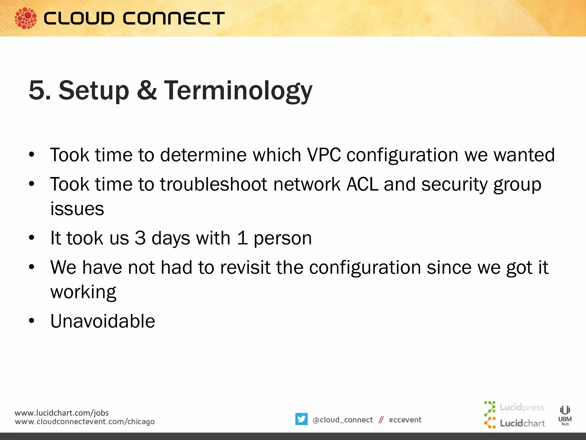 5. Setup & Terminology
• Took time to determine which VPC configuration we wanted
• Took time to troubleshoot network ACL and security group
issues
• It took us 3 days with 1 person
• We have not had to revisit the configuration since we got it
working
• Unavoidable

www.lucidchart.com/jobs

 