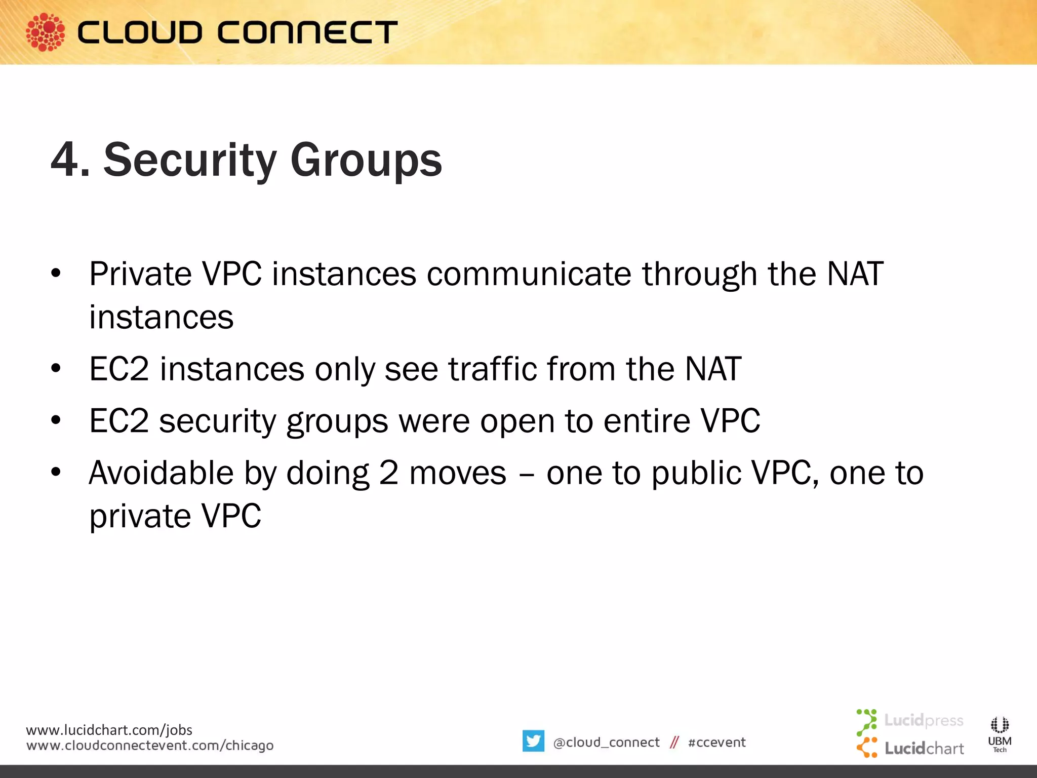 4. Security Groups
• Private VPC instances communicate through the NAT
instances
• EC2 instances only see traffic from the NAT
• EC2 security groups were open to entire VPC
• Avoidable by doing 2 moves – one to public VPC, one to
private VPC

www.lucidchart.com/jobs

 