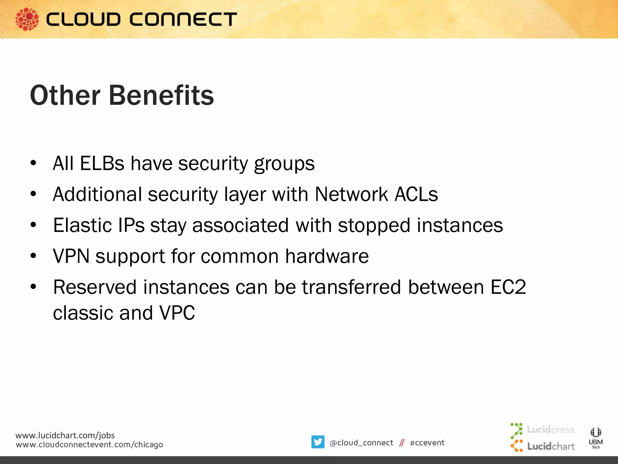 Other Benefits
•
•
•
•
•

All ELBs have security groups
Additional security layer with Network ACLs
Elastic IPs stay associated with stopped instances
VPN support for common hardware
Reserved instances can be transferred between EC2
classic and VPC

www.lucidchart.com/jobs

 