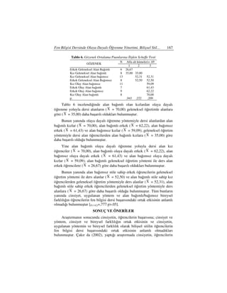 Fen Bilgisi Dersinde Olaya Dayalı Öğrenme Yönetimi, Bilişsel Stil…          167

           Tablo 6. Gözenek Ortalama Puanlarına lişkin Scheffe Testi
                                            N   Alfa alt kümeleri= .05
                     GÖZENEK
                                                  1       2       3
          Erkek Geleneksel Alan Bağımlı      6 26,67
          Kız Geleneksel Alan bağımlı        8 35,00 35,00
          Kız Geleneksel Alan bağımsız      13         52,31 52,31
          Erkek Geleneksel Alan Bağımsız     8         52,50 52,50
          Kız Olay Alan bağımsız            11                  59,09
          Erkek Olay Alan bağımlı            7                  61,43
          Erkek Olay Alan bağımsız           9                  62,22
          Kız Olay Alan bağımlı              8                  70,00
          p.                                    ,943 ,222       ,209

     Tablo 6 incelendiğinde alan bağımlı olan kızlardan olaya dayalı
öğrenme yoluyla dersi alanların ( X = 70,00) geleneksel öğretimle alanlara
göre ( X = 35,00) daha başarılı oldukları bulunmuştur.
    Bunun yanında olaya dayalı öğrenme yöntemiyle dersi alanlardan alan
bağımlı kızlar ( X = 70,00), alan bağımlı erkek ( X = 62,22), alan bağımsız
erkek ( X = 61,43) ve alan bağımsız kızlar ( X = 59,09); geleneksel öğretim
yöntemiyle dersi alan öğrencilerden alan bağımlı kızlara ( X = 35,00) göre
daha başarılı olduğu bulunmuştur.
     Yine alan bağımlı olaya dayalı öğrenme yoluyla dersi alan kız
öğrenciler ( X = 70,00), alan bağımlı olaya dayalı erkek ( X = 62,22), alan
bağımsız olaya dayalı erkek ( X = 61,43) ve alan bağımsız olaya dayalı
kızlar ( X = 59,09); alan bağımlı geleneksel öğretim yöntemi ile ders alan
erkek öğrencilere ( X = 26,67) göre daha başarılı oldukları bulunmuştur.
     Bunun yanında alan bağımsız stile sahip erkek öğrencilerin geleneksel
öğretim yöntemi ile ders alanlar ( X = 52,50) ve alan bağımlı stile sahip kız
öğrencilerden geleneksel öğretim yöntemiyle ders alanlar ( X = 52,31), alan
bağımlı stile sahip erkek öğrencilerden geleneksel öğretim yöntemiyle ders
alanlara ( X = 26,67) göre daha başarılı olduğu bulunmuştur. Tüm bunların
yanında cinsiyet, uygulanan yöntem ve alan bağımlı/bağımsız bireysel
farklılığın öğrencilerin fen bilgisi dersi başarısındaki ortak etkisinin anlamlı
olmadığı bulunmuştur [F(1-62)=,777 p>.05].
                          SONUÇ VE ÖNER LER
    Araştırmanın sonucunda cinsiyetin, öğrencilerin başarısına; cinsiyet ve
yöntem, cinsiyet ve bireysel farklılığın ortak etkisinin ve cinsiyetin,
uygulanan yöntemin ve bireysel farklılık olarak bilişsel sitilin öğrencilerin
fen bilgisi dersi başarısındaki ortak etkisinin anlamlı olmadıkları
bulunmuştur. Çakır da (2002), yaptığı araştırmada cinsiyetin, öğrencilerin
 