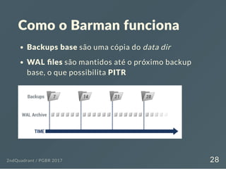Como o Barman funciona
Backups base são uma cópia do data dir
WAL ﬁles são mantidos até o próximo backup
base, o que possibilita PITR
2ndQuadrant / PGBR 2017 28
 