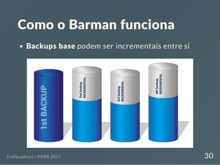 Como o Barman funciona
Backups base podem ser incrementais entre si
2ndQuadrant / PGBR 2017 30
 