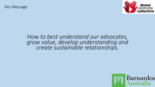 Key Message
How to best understand our advocates,
grow value, develop understanding and
create sustainable relationships.
 