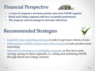 Recommended Strategies
• Establish clear marketing strategy in order to get mass volume of sale.
• Differentiate NOOK features from other brands to make product more
interesting.
• Spin-off of e-business is not highly necessary as they have some
synergy among its three segments, i.e. selling and marketing NOOK
through Retail and College channel.
10
Financial Perspective
• A cause of company’s net losses mainly come from NOOK segment
• Retail and College segments still have acceptable performance
• The company need to manage its cost more effectively
 