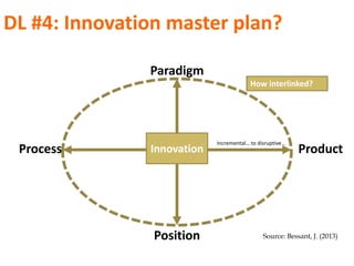 DL #4: Innovation master plan?
Innovation ProductProcess
Paradigm
Position Source: Bessant, J. (2013)
Incremental… to disruptive…
How interlinked?
 