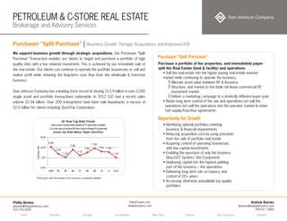 PETROLEUM & C-STORE REAL ESTATE
Brokerage and Advisory Services
Tulsa . Houston . Chicago . Los Angeles . New York . Atlanta . San Francisco . Phoenix
Andrew Barnes
abarnes@stanjohnsonco.com
650.617.3464
Phillip Bonina
pbonina@stanjohnsonco.com
310.752.0287
PetroCstore.com
stanjohnsonco.com
Purchaser “Split Purchase” | Business Growth Through Acquisitions and Improved ROI
Purchase a portfolio of fee properties, and immediately paper
split the Real Estate (land & facility) and operations.
• Sell the real estate into the higher paying real estate investor
market while continuing to operate the business.
◊	Allocate asset value between RE & Business
◊	Structure, and market to the triple net lease commercial RE
investment market
◊	Deliver a marketing campaign to a distinctly different buyer pool
• Retain long term control of the site and operations (or) sell the
operations (or) sell the operations into the operator market & retain
fuel supply/franchise agreements
• Identifying optimal portfolios meeting
business & financial requirements
• Reducing acquisition cost by using proceeds
from the sale of portfolio real estate
• Acquiring control of operating businesses
with low capital investments
• Enabling the purchase of only the business
(Bus/UST System/ Site Equipment)
• Deploying capital into the highest yielding
part of the business – the operations
• Delivering long term site occupancy and
control of 25+ years
• Accessing otherwise unavailable top quality
portfolios
Purchaser “Split Purchase”
Opportunity for Growth
We support business growth through strategic acquisitions. Our Purchaser “Split
Purchase” Transaction enables our clients to target and purchase a portfolio of high
quality sites with a low retained investment. This is achieved by our immediate sale of
the real estate. Our clients can continue to operate the portfolio businesses or sell and
realize profit while retaining the long-term case flow from the wholesale & franchise
business.
Stan Johnson Company has a leading track record of closing $12.9 billion in over 2,000
single asset and portfolio transactions nationwide. In 2012 SJC had a record sales
volume $2.04 billion. Over 200 transactions have been sale leasebacks in excess of
$2.0 billion for clients including QuickTrip Corporation.
Third party sale information from sources considered reliable
 