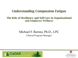 Understanding Compassion Fatigue
The Role of Resiliency and Self-Care in Organizational
and Employee Wellness

Michael F. Barnes, Ph.D., LPC
Clinical Program Manager

 