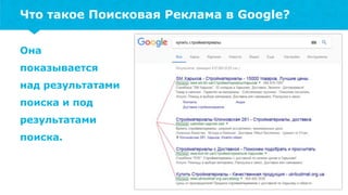 Что такое Поисковая Реклама в Google?
Она
показывается
над результатами
поиска и под
результатами
поиска.
 
