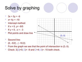 Solve by graphing
 3x + 5y = -9
 x+ 4y = -10
 Intercept method:
 If x = 0, y= -9/5
 If y = 0 , x = - 3
 Plot points and draw line
 Second line:
 (0, -5/2) , ( -10,0)
 From the graph we see that the point of intersection is (2,-3).
 Check: 3(2)+5(-3)= -9 and 2+4(-3)= -10 both check.
(2,-3)
 