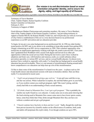 www.KansasEqualityCoalition.org ● 6505 E. Central #219 ● Wichita, KS 67206 ● (316) 260-4863 ● fax (316) 858-7196
Chapters:...