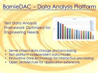 BarnieDAC – Data Analysis Platform
Test Data Analysis
Framework Optimized for
Engineering Needs
• Server based data storage and processing
• Test platform independent data model
• Innovative core technology for interactive processing
• Open architecture for application extensions
 