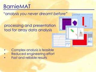 BarnieMAT

array data analysis
you’ve never even dreamt before

•
•
•

Complex analysis is feasible
Reduced engineering effort
Fast and reliable results

 
