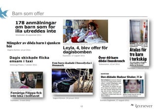 12
Barn som offer
Svenska Dagbladet, 17 augusti 2011
Aftonbladet, 22 september 2011
Dagens Nyheter, 12 juli 2011
Sydsvenskan, 12 juli 2011
Expressen, 17 augusti 2011
G?teborgs-Posten, 7 oktober 2011
Dagens Nyheter, 24 januari 2012
Expressen, 3 mars 2012
Expressen, 1 februari 2012
 