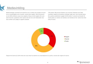 4
Medievinkling
Medievinklingen anv?nds f?r att beskriva om en artikel som handlar om barn
har en omst?ndighet som ?r positiv, neutral eller negativ. 459 (35 procent)
av de 1294 artiklarna anses vara negativa. Dessa ?r ofta tragiska fall, som
brott mot barn, sjukdomar eller olyckor d?r barn har varit inblandade men
?ven artiklar som tydligt ?r negativt vinklade.
749 artiklar (58 procent) bed?ms vara neutrala. Publicitet som b?de
inneh?ller negativa och positiva vinklingar ing?r ?ven i den neutrala delen.
Den positiva publiciteten uppg?r till 89 artiklar (7 procent) och best?r till
st?rsta delen av nyheter om k?ndisar som ber?ttar att de v?ntar barn eller
kultur f?r barn.
Diagrammet baseras p? 1294 artiklar d?r varje artikel har bed?mts om omst?ndigheterna ?r positiva, neutrala eller negativa f?r barnen.
35%
58%
7%
Negativ
Neutral
Positiv
 