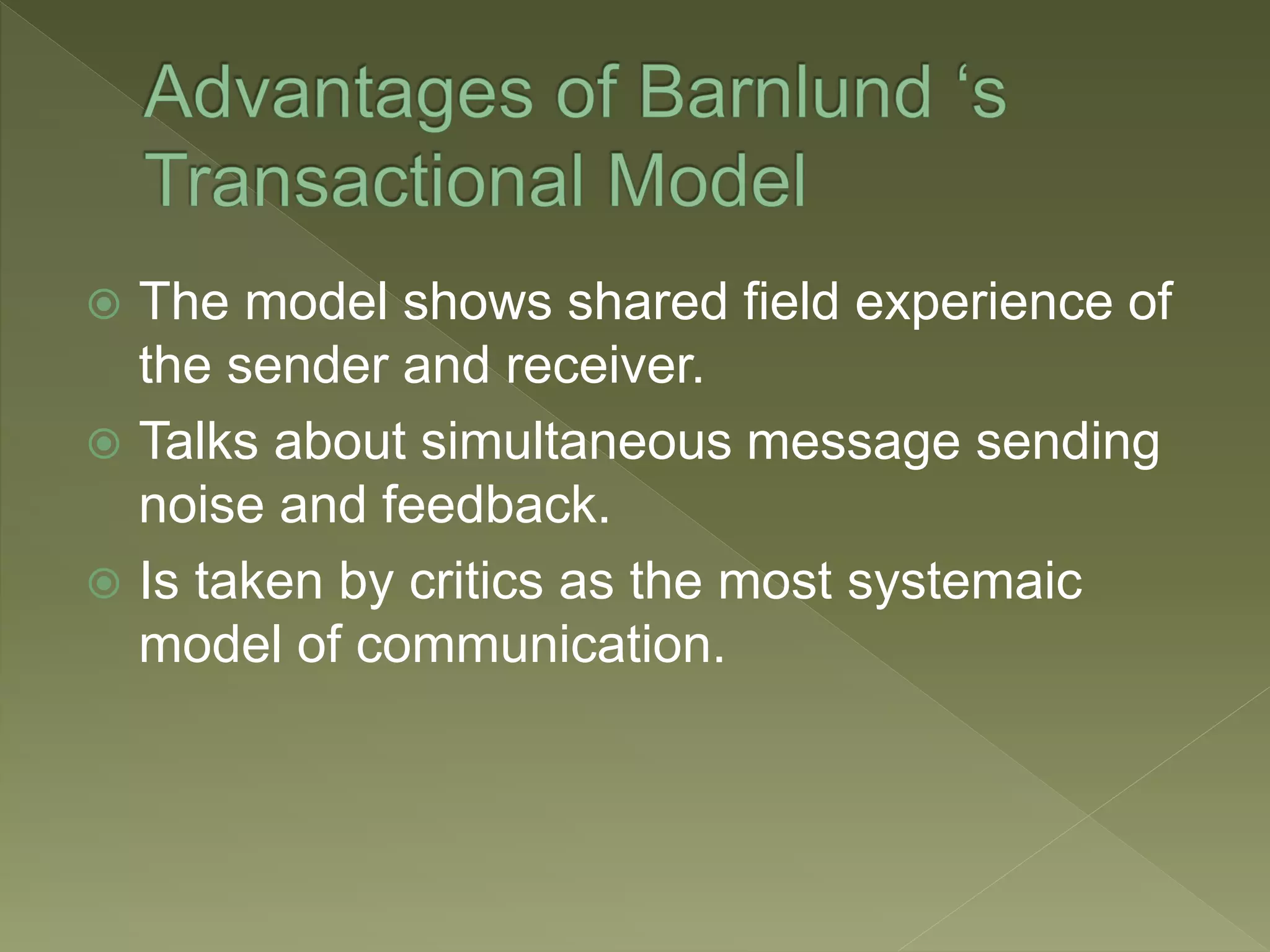  The model shows shared field experience of
the sender and receiver.
Talks about simultaneous message sending
noise and feedback.
Is taken by critics as the most systemaic
model of communication.