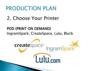 2. Choose Your Printer
POD (PRINT ON DEMAND)
IngramSpark, CreateSpace, Lulu, Blurb
 