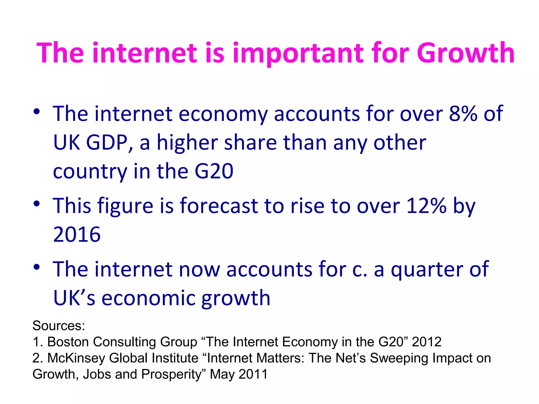 The internet is important for Growth
• The internet economy accounts for over 8% of
UK GDP, a higher share than any other
country in the G20
• This figure is forecast to rise to over 12% by
2016
• The internet now accounts for c. a quarter of
UK’s economic growth
Sources:
1. Boston Consulting Group “The Internet Economy in the G20” 2012
2. McKinsey Global Institute “Internet Matters: The Net’s Sweeping Impact on
Growth, Jobs and Prosperity” May 2011
 