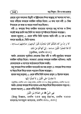 168 eo wkiK : wK I KZ cÖKvi
†Pnviv Ly‡j ej‡jbt Bû`x I wLªóvb‡`i Dci Avj−vn ZvÕAvjvi jvÕbZ ;
Zviv bex‡`i Kei‡K gmwR` evwb‡q wb‡jv| G K_v e‡j bex wbR
D¤§Z‡K †m KvR bv Ki‡Z mZK© K‡i w`‡jb|
bex Ke‡ii Dci gmwR` evbv‡bvi e¨vcv‡i ïay jvÕbZ I wb›`v
K‡iB ¶vš— nbwb eis wZwb Zv Ki‡Z my¯úófv‡e wb‡laI K‡i‡Qb|
nhiZ Ryb`ve †_‡K ewY©Z wZwb e‡jbt Avwg bex ‡K G K_v
ej‡Z ï‡bwQ †h, wZwb e‡jbt
(gymwjg, nv`xm 532)
A_©vr †Zvgv‡`i c~‡e©Kvi †jv‡Kiv wbR bex I Ijx-eyhyM©‡`i Kei‡K
gmwR` evwb‡q wb‡Zv| mveavb! †Zvgiv Kei‡K gmwR` evwbIbv| Avwg
†Zvgv‡`i‡K G e¨vcv‡i K‡Vvifv‡e wb‡la KiwQ|
ïay Ke‡ii Dci gmwR` evbv‡bvB bq eis ivm~j Ke‡ii Dci em‡Z
ev Dnvi w`‡K wd‡i bvgvh co‡ZI wb‡la K‡i‡Qb|
nhiZ Avey gvimv` †_‡K ewY©Z wZwb e‡jbt ivm~j Bikv` K‡ibt
(gymwjg, nv`xm 972 Avey `vD`, nv`xm 3229 Beby LyhvBgvn, nv`xm 793)
A_©vr †Zvgiv Ke‡ii Dci e‡mvbv Ges Dnvi w`‡K wd‡i bvgvhI c‡ov bv|
nhiZ Avbvm †_‡K ewY©Z wZwb e‡jbt
(Beby wneŸvb, nv`xm 345 Avey BqvÕjv, nv`xm 2888
evhhvi/Kvkdzj AvmZvi, nv`xm 441, 442)
 