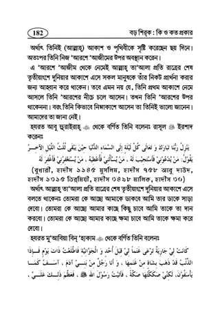 182 eo wkiK : wK I KZ cÖKvi
A_©vr wZwbB (Avj−vn) AvKvk I c„w_ex‡K m„wó K‡i‡Qb Qq w`‡b|
AZtci wZwb wbR ÕAvi‡k ÕAvRx‡gi Dci Ae¯’vb K‡ib|
G ÕAvi‡k ÕAvRxg †_‡K †b‡gB Avj−vn ZvÕAvjv cÖwZ iv‡Îi †kl
Z…Zxqvs‡k `ywbqvi AvKv‡k G‡m mKj gvbyl‡K Zuvi wbKU cÖv_©bv Kivi
Rb¨ AvnŸvb K‡i _v‡Kb| Z‡e Ggb bq †h, wZwb cÖ_g AvKv‡k †b‡g
Avm‡j wZwb ÕAvi‡ki bx‡P P‡j Av‡mb| ZLb wZwb ÕAvi‡ki Dci
_v‡Kbbv| eis wZwb wKfv‡e wbævKv‡k Av‡mb Zv wZwbB fv‡jv Rv‡bb|
Avgv‡`i Zv Rvbv †bB|
nhiZ Avey ûivBivn †_‡K ewY©Z wZwb e‡jbt ivm~j Bikv`
K‡ibt
:
(eyLvix, nv`xm 1145 gymwjg, nv`xm 758 Avey `vD`,
nv`xm 1315 wZiwghx, nv`xm 3498 gvwjK, nv`xm 30)
A_©vr Avj−vn ZvÕAvjv cÖwZ iv‡Îi †kl Z…Zxqvs‡k `ywbqvi AvKv‡k G‡m
ej‡Z _v‡Kbt †Zvgiv †K Av‡Qv Avgv‡K WvK‡e Avwg Zvi Wv‡K mvov
†`‡ev| †Zvgiv †K Av‡Qv Avgvi Kv‡Q wKQy Pv‡e Avwg Zv‡K Zv `vb
Ki‡ev| †Zvgiv †K Av‡Qv Avgvi Kv‡Q ¶gv Pv‡e Avwg Zv‡K ¶gv K‡i
†`‡ev|
nhiZ gyÕAvweqv web ÕnvKvg †_‡K ewY©Z wZwb e‡jbt
 