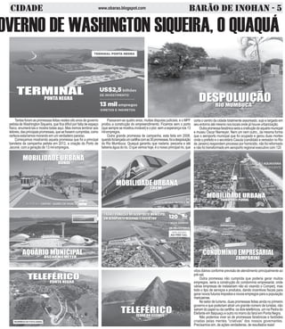 CIDADE BARÃO DE INOHAN - 5www.obarao.blogspot.com
OVERNO DE WASHINGTON SIQUEIRA, O QUAQUÁ
Tantasforamaspromessasfeitasnestesoitoanosdegoverno
petista de Washington Siqueira, que fica dificil por falta de espaço
físico, enumerá-las e mostra todas aqui. Mas iremos lembrar aos
leitores,dasprincipaispromessas,quesefossemcumpridas,como
certeza estaríamos morando em um verdadeiro paraíso.
Começamos mostrando aquela promessa que foi a principal
bandeira da campanha petista em 2012, a criação do Porto de
Jaconé, com a geração de 13 mil empregos.
Passaram-se quatro anos, muitas disputas judiciais, e o MPF
proibiu a construção do empreendimento. Ficamos sem o porto
(quesempresemostrouinviável)eopior,semaesperançanos13
milempregos.
Outra grande promessa de campanha, esta feita em 2008,
quandofoilançadaumcartilhacomas30promessas,foiadespoluição
do Rio Mumbuca. Quaquá garantiu que nadaria, pescaria e até
beberia água do rio. O que vemos hoje, é o nosso principal rio, que
corta o centro da cidade totalmente assoreado, sujo e largado em
seu entorno até mesmo nos locais onde já houve urbanização.
Outrapromessafaraônicaseriaacnstruçãodoaquáriomunicpal
e museu Oscar Niemeyer. Nem um nem outro., da mesma forma
que o aeroporto municpal que foi ocupado e gerou duas mortes
onde o prefeito e o secretário Casula (candidato a vereador no Rio
de Janeiro) respondem processo por homicidio, não foi reformado
e não foi transformado em aeroporto regional executivo com 120
vôos diários conforme previsão de atendimento principalmente ao
pré-sal.
Outra promessa não cumprida que poderia gerar muitos
empregos, seria a construção do condomínio empresarial, onde
várias empresas de instalariam não só visando o Comperj, mas
todo o tipo de serviços e produtos, dando incentivos fiscais para
gerar novos futuros impostos e novos empregos para a população
maricaense.
No setor de turismo, duas promessas feitas ainda no primeiro
governo e que poderiam atrair um grande número de turistas, não
sairam do papel ou da cartilha: os dois teleféricos, um na Pedra do
Elefante em Itaipuaçu e outro no morro do farol em Ponta Negra.
Não podemos viver só de promessas faraônicas e factóides
criadas pelas mentes “criativas” dos nossos governantes.
Precisamos sim, de ações verdadeiras, de resultados reais!
 