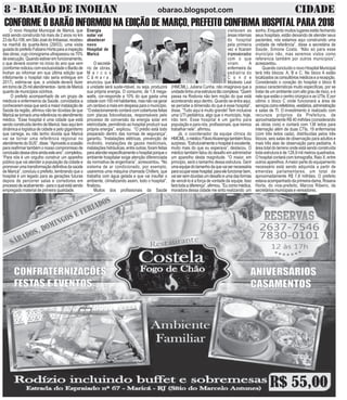 8 - BARÃO DE INOHAN CIDADEobarao.blogspot.com
Energia
solar vai
abastecer
novo
Hospital de
Maricá
O secretá-
rio de obras,
M a r c o s
C â m a r a ,
anunciou que
a unidade será suste-ntável, ou seja, produzirá
sua própria energia. O consumo, de 1,8 mega-
watts, cor-responde a 10% do que gasta uma
cidadecom150milhabitantes,masnãovaigerar
umcentavoamaisemdespesaparaomunicípio.
“Oestacionamentocontarácomcoberturasfeitas
com placas fotovoltaicas, responsáveis pelo
processo de conversão da energia solar em
eletricidade, permitindo ao hospital produzir sua
própria energia”, explicou. “O prédio está todo
preparado dentro das normas de segurança”,
garantiu. “Instalações elétricas, prevenção de
incêndio, instalações de gazes medicinais,
instalações hidráulicas, entre outras, foram feitas
paraatenderespecificamenteohospitalporqueo
ambiente hospitalar exige atenção diferenciada
da normativa de engenharia”, acrescentou. “No
sistema de ar condicionado, por exemplo,
usaremos uma máquina chamada Chillers, que
trabalha com água gelada e que vai insuflar o
ambiente, climatizando assim, todo o hospital”,
finalizou.
Muitos dos profissionais da Saúde
CONFORME O BARÃO INFORMOU NA EDIÇÃO DE MARÇO, PREFEITO CONFIRMA HOSPITAL PARA 2018
O novo Hospital Municipal de Maricá, que
está sendo construído há mais de 2 anos no km
23da RJ-106,emSãoJosédoImbassaí,recebeu
na manhã da quarta-feira (29/03), uma visita
guiadadoprefeitoFabianoHortaparaainspeção
das obras, cujo cronograma ultrapassou os 70%
deexecução. Quandoestiveremfuncionamento,
o que deverá ocorrer no início do ano que vem
(conforme noticiou com exclusividade o Barão de
Inohan ao informar em sua última edição que
infelizmente o hospital não seria entregue em
2017), estima-se que, a unidade deverá fazer
emtornode25milatendimentos-tantodeMaricá
quanto de municípios vizinhos.
O prefeito acompanhado de um grupo de
médicos e enfermeiros da Saúde, convidados a
conhecerem essa que será a maior instalação de
Saúde da região, afirmou não ter dúvidas de que
Maricásetornaráumareferêncianoatendimento
médico. “Esse hospital é uma cidade que está
sendoconstruídadentrodeMaricá.Issoaquitem
dinâmica e logística de cidade e pelo gigantismo
que carrega, eu não tenho dúvida que Maricá
vai se tornar uma referência regional no
atendimentodoSUS”,disse.“Aproveitoaocasião
para reafirmar também o nosso compromisso de
conclusãodessaobraaindaesteano”,completou.
“Para nós é um orgulho construir um aparelho
público que vai atender a população da cidade e
promover uma transformação definitiva da saúde
de Maricá”, concluiu o prefeito, lembrando que o
hospital é um legado para as gerações futuras
depois de percorrer salas e corredores em
processodeacabamento-paraoqualestásendo
empregado material de primeira qualidade.
sonho. Enquanto muitos lugares estão fechando
seus hospitais, estão deixando de atender seus
pacientes, nós estamos aqui construindo uma
unidade de referência”, disse a secretária de
Saúde, Simone Costa. “Não só para esse
município não, mas seremos vistos como
referencia também por outros municípios”,
acrescentou.
Quando concluído o novo Hospital Municipal
terá três blocos: A, B e C. No bloco A estão
localizadososconsultóriosmédicosearecepção.
Considerado o coração do hospital o bloco B
possui características muito especificas, por se
tratar de um ambiente com alto grau de risco, e é
nele que estão o centro cirúrgico e as UTIs. E por
ultimo o bloco C onde funcionará a área de
serviçoscomorefeitórios,vestiários,administração
e salas de TI. O investimento é realizado com
recursos próprios da Prefeitura, de
aproximadamente R$ 40 milhões (considerando
as obras civis) e contará com 138 leitos para
internação além de duas CTIs, 19 enfermarias
(com três leitos cada), distribuídas pelos três
blocos, seis salas de observação para adultos e
mais três alas de observação para pediatria. A
área total do terreno onde está sendo construída
toda estrutura é de 128,9 mil metros quadrados.
O hospital contará com tomografia, Raio X, entre
outros aparelhos.Amaior parte do equipamento
necessário está sendo adquirida a partir de
emendas parlamentares, um total de
aproximadamente R$ 7,8 milhões. O prefeito
estavaacompanhadodaprimeira-dama,Rosana
Horta, do vice-prefeito, Marcos Ribeiro, de
secretários municipais e vereadores.
visitavam as
áreas internas
do hospital
pela primeira
vez e ficaram
impressionados
com o que
viram. A
enfermeira da
pediatria do
C o n d e
Modesto Leal
(HMCML), Juliana Cunha, não imaginava que a
unidadetinhaumaestruturatãocomplexa.“Quem
passa na Rodovia não tem noção do que está
acontecendo aqui dentro. Quando se entra aqui,
se percebe a dimensão do que é esse hospital”,
disse. “Tudo aqui é muito grande! Tem inclusive
uma UTI pediátrica, algo que o município, hoje,
não tem. Esse hospital é um ganho para
população e para nós, profissionais, que iremos
trabalhar nele”, afirmou.
Já, o coordenador da equipe clínica do
HMCML,omédico FlávioAlvarengatambémficou
surpreso.“Estruturalmenteohospitaléexcelente,
muito mais do que eu esperava”, destacou. O
médico também falou do desafio em administrar
um aparelho desta magnitude. “O maior, em
principio, será o tamanho dessa estrutura. Gerir
umaequipedotamanhodaquevaisernecessária
paraocuparessehospital,paraelefuncionarbem,
vaisersemdúvidasumdesafioeumadasformas
de vencê-lo é a força de vontade da equipe. Isso
farátodaadiferença”,afirmou. ”Eucomomédica,
moradora dessa cidade me sinto realizando um
 