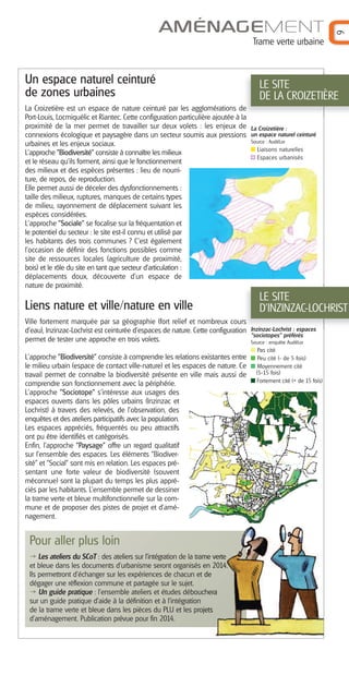 9

AMÉNAGEMENT
Trame verte urbaine

Un espace naturel ceinturé
de zones urbaines
La Croizetière est un espace de nature ceinturé par les agglomérations de
Port-Louis, Locmiquélic et Riantec. Cette configuration particulière ajoutée à la
proximité de la mer permet de travailler sur deux volets : les enjeux de
connexions écologique et paysagère dans un secteur soumis aux pressions
urbaines et les enjeux sociaux.
L'approche "Biodiversité" consiste à connaître les milieux
et le réseau qu’ils forment, ainsi que le fonctionnement
des milieux et des espèces présentes : lieu de nourriture, de repos, de reproduction.
Elle permet aussi de déceler des dysfonctionnements :
taille des milieux, ruptures, manques de certains types
de milieu, rayonnement de déplacement suivant les
espèces considérées.
L'approche "Sociale" se focalise sur la fréquentation et
le potentiel du secteur : le site est-il connu et utilisé par
les habitants des trois communes ? C'est également
l'occasion de définir des fonctions possibles comme
site de ressources locales (agriculture de proximité,
bois) et le rôle du site en tant que secteur d’articulation :
déplacements doux, découverte d’un espace de
nature de proximité.

Liens nature et ville/nature en ville
Ville fortement marquée par sa géographie (fort relief et nombreux cours
d’eau), Inzinzac-Lochrist est ceinturée d’espaces de nature. Cette configuration
permet de tester une approche en trois volets.
L'approche "Biodiversité" consiste à comprendre les relations existantes entre
le milieu urbain (espace de contact ville-nature) et les espaces de nature. Ce
travail permet de connaître la biodiversité présente en ville mais aussi de
comprendre son fonctionnement avec la périphérie.
L'approche "Sociotope" s’intéresse aux usages des
espaces ouverts dans les pôles urbains (Inzinzac et
Lochrist) à travers des relevés, de l’observation, des
enquêtes et des ateliers participatifs avec la population.
Les espaces appréciés, fréquentés ou peu attractifs
ont pu être identifiés et catégorisés.
Enfin, l'approche "Paysage" offre un regard qualitatif
sur l’ensemble des espaces. Les éléments "Biodiversité" et "Social" sont mis en relation. Les espaces présentant une forte valeur de biodiversité (souvent
méconnue) sont la plupart du temps les plus appréciés par les habitants. L’ensemble permet de dessiner
la trame verte et bleue multifonctionnelle sur la commune et de proposer des pistes de projet et d’aménagement.

Pour aller plus loin
Les ateliers du SCoT : des ateliers sur l’intégration de la trame verte
et bleue dans les documents d’urbanisme seront organisés en 2014.
Ils permettront d’échanger sur les expériences de chacun et de
dégager une réflexion commune et partagée sur le sujet.
Un guide pratique : l’ensemble ateliers et études débouchera
sur un guide pratique d’aide à la définition et à l’intégration
de la trame verte et bleue dans les pièces du PLU et les projets
d’aménagement. Publication prévue pour fin 2014.

LE SITE
DE LA CROIZETIÈRE
La Croizetière :
un espace naturel ceinturé
Source : AudéLor

Liaisons naturelles
Espaces urbanisés

LE SITE
D'INZINZAC-LOCHRIST
Inzinzac-Lochrist : espaces
“sociotopes” préférés
Source : enquête AudéLor

Pas cité
Peu cité (- de 5 fois)
Moyennement cité
(5-15 fois)
Fortement cité (+ de 15 fois)

 