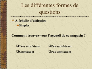 Les différentes formes de
questions
À échelle d’attitudes
Simples
Comment trouvez-vous l’accueil de ce magasin ?
Très satisfaisant
Satisfaisant
Peu satisfaisant
Pas satisfaisant
 