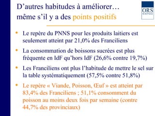 D’autres habitudes à améliorer… même s’il y a des  points positifs   Le repère du PNNS pour les produits laitiers est seulement atteint par 21,0% des Franciliens La consommation de boissons sucrées est plus fréquente en IdF qu’hors IdF (26,6% contre 19,7%) Les Franciliens ont plus l’habitude de mettre le sel sur la table systématiquement (57,5% contre 51,8%)  Le repère « Viande, Poisson, Œuf » est atteint par 83,4% des Franciliens ; 51,1% consomment du poisson au moins deux fois par semaine (contre  44,7% des provinciaux) 