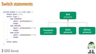 Switch statements
Bird
getSpeed()
African
getSpeed()
Asian
getSpeed()
European
getSpeed()
 