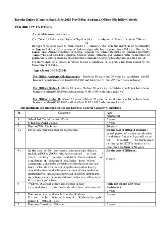 Baroda Gujarat Gramin Bank Jobs 2015 For Office Assistant, Officer Eligibility Criteria
ELIGIBILITY CRITERIA
A candidate must be either –
i) a Citizen of India or ii) subject of Nepal or (iii) a subject of Bhutan or (iv)a Tibetan
Refugee who came over to India before 1
st
January 1962 with the intention of permanently
settling in India or (v) a person of Indian origin who has migrated from Pakistan, Burma, Sri
Lanka, East African countries of Kenya, Uganda, the United Republic of Tanzania (formerly
Tanganyika and Zanzibar), Zambia, Malawi, Zaire, Ethiopia and Vietnam with the intention of
permanently settling in India, provided that a candidate belonging to categories (ii), (iii), (iv) &
(v) above shall be a person in whose favour a certificate of eligibility has been issued by the
Government of India.
Age (As on 01-06-2014)
For Office Assistant (Multipurpose) - Between 18 years and 28 years i.e. candidates should
have not been born earlier than 02.06.1986 and later than 01.06.1996 (both dates inclusive)
For Officer Scale- I- Above 18 years - Below 28 years i.e. candidates should not have been
born earlier than 03.06.1986 and later than 31.05.1996 (both dates inclusive)
For Officer Scale- II- Above 21 years - Below 32 years i.e. candidates should not have been
born earlier than 03.06.1982 and later than 31.05.1993 (both dates inclusive)
The maximum age limit specified is applicable to General Category Candidates
Sr. Category Age
relaxation
1 Scheduled Caste/Scheduled Tribe 5 years
2 Other Backward Classes 3 years
3 Persons With Disability 10 years
4 a. Ex-Servicemen/ Disabled Ex-Servicemen (for the post of Office Assistants)
actual period of service rendered in
the defence forces + 3 years (8 years
for Disabled Ex-Servicemen
belonging to SC/ST) subject to a
maximum age limit of 50 years
4 b. In the case of Ex- servicemen commissioned officers, (for the post of Officers)
including ECOs/ SSCOs, who have rendered at least 5
years military service and have been released on 5 years
completion of assignment (including those whose
assignment is due to be completed within the next one year
from the last date for receipt of application) other than by
way of dismissal or discharge on account of misconduct or
inefficiency or on account of physical disability attributable
to military service or on invalidment, subject to ceiling as per
Government guidelines
5 Widows, Divorced women and women legally (only for the post of Office
separated from their husbands who have not remarried Assistants)
9 years
6 Persons ordinarily domiciled in the Kashmir 5 years
Division of the State of Jammu & Kashmir during the
period 1-1-80 to 31-12-89
7 Persons affected by 1984 riots 5 years
 