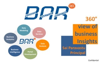 Sai Paravastu
Principal
360°
view of
business
Insights
Data
Modeling
Business
Analytics
Portal
Development
Data
Services
Business
Intelligence
Data
Analysis
Confidential
 