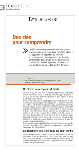 2

TERRITOIRE
Synthèse urbaine

PAYS

DE LORIENT

Des clés
pour comprendre
L'INSEE a développé un nouvel outil pour décrire
et comprendre un territoire. Cette "Synthèse urbaine"
fait apparaître les disparités, les zones de
surreprésentation d'une population, les lieux de
concentration des activités ou des équipements
collectifs, les caractéristiques des déplacements.
Suit un résumé de ce portrait du Pays de Lorient.

+ d'infos
Voir les références des documents produits par l'INSEE
dans l'encadré en fin d'article

Un littoral, deux espaces distincts
Le littoral du Pays de Lorient abrite en proportion égale familles, couples sans
enfants et personnes seules. Le poids des personnes âgées de plus de 60
ans y est très important. Ce territoire se divise en deux espaces de part et
d’autre de la rade de Lorient.
À l'est, le littoral dispose d’un important parc ancien. Les trois quarts sont des
maisons individuelles occupées par leur propriétaire. La répartition des revenus
est proche de celle du Pays et les petits ménages âgés sont très représentés.
À l'ouest, le littoral, plus riche, s’est fortement étoffé depuis les années 1980
grâce à la proximité du cœur urbain. La création en 1974 de l’intercommunalité
et de ses services (transports collectifs) a accéléré son développement : 47%
des logements ont été construits depuis 1982. Caractérisé par une part
importante de propriétaires de maisons individuelles et de petits ménages
âgés, ce territoire concentre la majorité des revenus non salariaux du Pays
de Lorient. La moitié des ménages du littoral ouest fait partie du quart des
ménages les plus aisés du Pays.
Groix constitue une zone à part du littoral : la moitié des logements sont des
résidences secondaires et les résidences principales sont essentiellement
habitées par des ménages âgés.

La périphérie s'est construite en deux temps
Dès les années 1970 pour l’ouest du Pays et depuis 1990 pour l’est, les
communes situées en périphérie du cœur urbain sont devenues l’aire
d’implantation de presque la moitié des familles du Pays de Lorient. Les
maisons individuelles sont majoritaires (8 logements sur 10), très souvent
occupées par leurs propriétaires.

 
