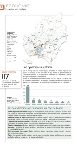 20

ÉCONOMIE
Innovation : état des lieux

Bubry
Inguiniel

Plouay

Quistinic

Lanvaudan
Calan

Les entreprises
innovantes
du Pays de Lorient

Cléguer

Pont-Scorff

Source : carto IGN 2010,
Relevés et réalisation
AudéLor 2012

Caudan

Secteurs d’activité

Industrie-production
Laboratoires
TIC
Naval
Maritime
Nautique
Autres

Inzinzach-Lochrist

Languidic

Hennebont

Gestel
Quéven
Guidel

Brandérion

Lanester
Kervignac

Lorient

Nostang

Ploemeur
Merlevenez

Locmiquélic
Larmor-Plage PortLouis

Nombre d’emplois

Riantec

Ste Hélène

Gâvres

2000

Plouhinec

200

Groix

Une dynamique à renforcer
NOMBRE DE BREVETS

17
1
Aire urbaine de Lorient :
117 brevets ont été déposés
en 4 ans soit le 4e rang
en Bretagne

Avec le 4e rang des aires bretonnes pour le nombre de brevets déposés, l'aire
urbaine de Lorient, et au-delà l'ensemble du Pays, montre un dynamisme certain.
L'innovation contribue au développement économique, à la création d’emplois
et au positionnement à l’international.
Le Pays de Lorient a relativement bien résisté à la crise depuis 2008. Mais avec
un contexte d'incertitude qui se prolonge, le développement de l’innovation est
une des clés qui permettra au territoire de maintenir sa capacité à rebondir.
1000

990

800
600
400
Bretagne :
nombre de brevets
dans les aires urbaines
Période 2008-2011.
Source INPI - traitement AudéLor

208

200

171

117

95

78

68

0
AU Rennes

AU Brest

49

AU Lannion AU Lorient AU Quimper AU St Malo AU Vannes AU St Brieuc

Les sept domaines de l'innovation du Pays de Lorient
Pêche et produits de la mer - Engins et techniques de pêche, nouveaux produits et valorisation
des coproduits, aquaculture, instruments de mesure, capteurs, télécommunications, valorisation des
données, balises de détresse, acoustique sous-marine.
Nautisme / Course au large - Nouveaux types de voiliers, matériaux et tissus composites, instrumentation
embarquée, suivi et transmission d’images, gestion de l’énergie à bord, propulsion alternative.
Conception et construction Navale - Frégates et sous-marins, réduction de la consommation d’énergie,
systèmes anti-chavirage, navires insubmersibles, propulsions alternatives.
Énergies renouvelables - Énergies, bioénergies, micro-algues, méthanisation, filière bois énergie, hydrogène.
Matériaux - Fabrication de pièces composites, optimisation du procédé de fabrication, fibres naturelles
et matériaux bio-sourcés.
Technologies de l'information (TIC) - Progiciels, bornes interactives, visites visuelles, capteurs,
électronique, domotique.
Autres - Construction durable, meubles haut de gamme, réduction des gaz à effet de serre, peintures
antifouling, défense et systèmes de sécurité, dépollution.

 