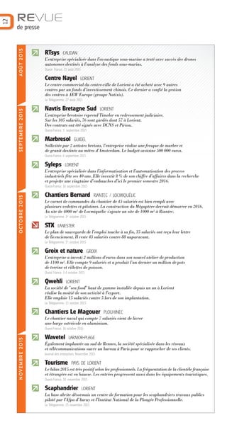 12
REVUE
de presse
RTsys CAUDAN
L’entreprise spécialisée dans l’acoustique sous-marine a testé avec succès des drones
autonomes destinés à l’analyse des fonds sous-marins.
Ouest- France. 21 août 2015
Centre Nayel LORIENT
Le centre commercial du centre-ville de Lorient a été acheté avec 9 autres
centres par un fonds d’investissement chinois. Ce dernier a confié la gestion
des centres à AEW Europe (groupe Natixis).
Le Télégramme. 27 août 2015
Navtis Bretagne Sud LORIENT
L’entreprise brestoise reprend Timolor en redressement judiciaire.
Sur les 105 salariés, 76 sont gardés dont 57 à Lorient.
Des contrats ont été signés avec DCNS et Piriou.
Ouest-France. 3 septembre 2015
Marbresol GUIDEL
Sollicitée par 2 artistes bretons, l’entreprise réalise une fresque de marbre et
de granit destinée au métro d’Amsterdam. Le budget avoisine 500 000 euros.
Ouest-France. 6 septembre 2015
Syleps LORIENT
L’entreprise spécialisée dans l’informatisation et l’automatisation des process
industriels fête ses 40 ans. Elle investit 8 % de son chiffre d’affaires dans la recherche
et projette une vingtaine d’embauches d’ici le premier semestre 2016.
Ouest-France. 16 septembre 2015
Chantiers Bernard RIANTEC / LOCMIQUÉLIC
Le carnet de commandes du chantier de 45 salariés est bien rempli avec
plusieurs vedettes et pilotines. La construction du Mégaptère devrait démarrer en 2016.
Au site de 4000 m² de Locmiquélic s'ajoute un site de 1000 m² à Riantec.
Le Télégramme. 1er
octobre 2015
STX LANESTER
Le plan de sauvegarde de l’emploi touche à sa fin, 35 salariés ont reçu leur lettre
de licenciement. Il reste 43 salariés contre 88 auparavant.
Le Télégramme. 1er
octobre 2015
Groix et nature GROIX
L’entreprise a investi 2 millions d’euros dans son nouvel atelier de production
de 1100 m². Elle compte 9 salariés et a produit l’an dernier un million de pots
de terrine et rillettes de poisson.
Ouest France. 3-4 octobre 2015
Qwehli LORIENT
La société de "sea food" haut de gamme installée depuis un an à Lorient
réalise la moitié de son activité à l’export.
Elle emploie 15 salariés contre 5 lors de son implantation.
Le Télégramme. 13 octobre 2015.
Chantiers Le Magouer PLOUHINEC
Le chantier naval qui compte 7 salariés vient de livrer
une barge ostréicole en aluminium.
Ouest-France. 16 octobre 2015
Wavetel LARMOR-PLAGE
Également implantée au sud de Rennes, la société spécialisée dans les réseaux
et télécommunications ouvre un bureau à Paris pour se rapprocher de ses clients.
Journal des entreprises. Novembre 2015
Tourisme PAYS DE LORIENT
Le bilan 2015 est très positif selon les professionnels. La fréquentation de la clientèle française
et étrangère est en hausse. Les entrées progressent aussi dans les équipements touristiques.
Ouest-France. 10 novembre 2015
Scaphandrier LORIENT
La base abrite désormais un centre de formation pour les scaphandriers travaux publics
piloté par l’Afpa d’Auray et l’Institut National de la Plongée Professionnelle.
Le Télégramme. 25 novembre 2015
SEPTEMBRE2015OCTOBRE2015NOVEMBRE2015AOÛT2015
Barographe 25:Mise en page 1 31/05/16 17:20 Page 13
 